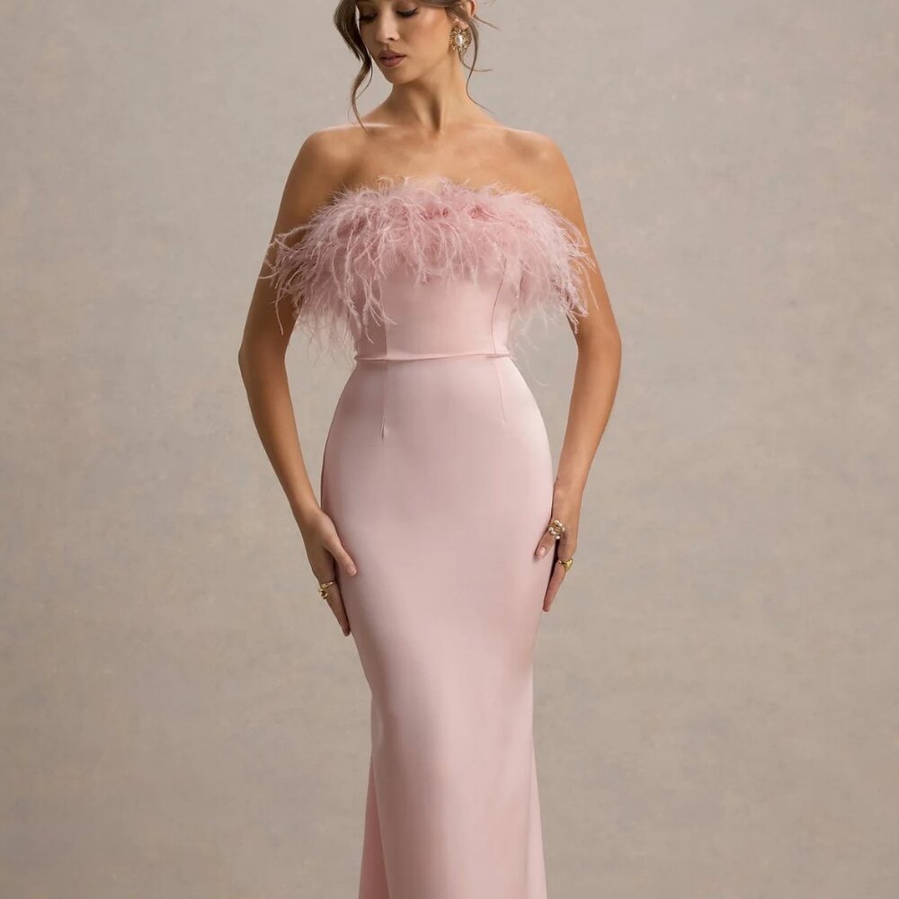 Club London Pale Pink Satin Feather Trim Bandeau Maxi Dress